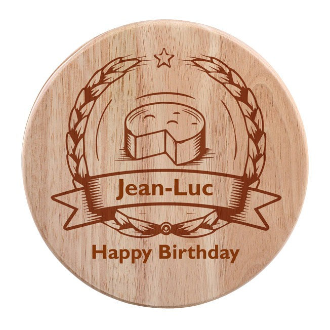 Plateau rond en bois gravé "Jean-Luc - Happy Birthday", orné d’un motif laurier avec ustensiles inclus, pour un anniversaire gourmand.