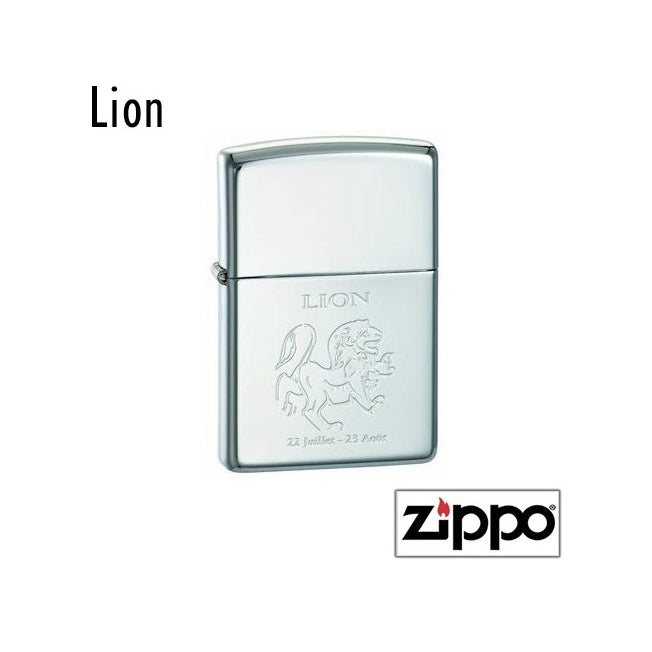 Briquet Zippo chromé décoré du signe astrologique Lion en relief, avec les dates 22 juillet - 23 août gravées.