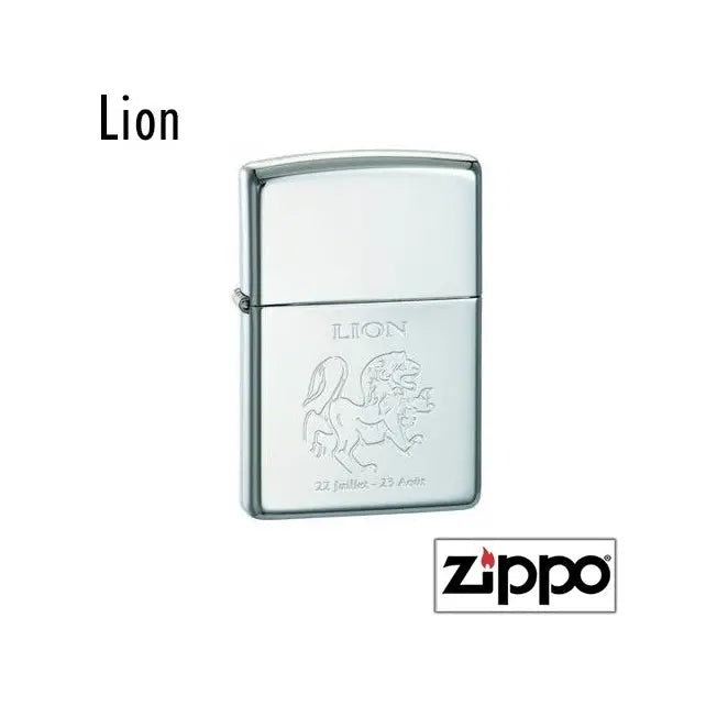 Briquet Zippo chromé décoré du signe astrologique Lion en relief, avec les dates 22 juillet - 23 août gravées.