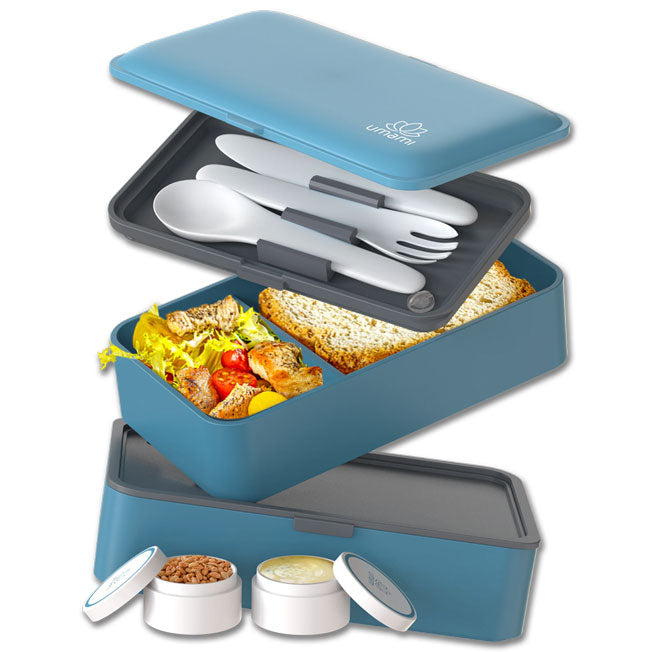 Boîte Bento bleue personnalisée avec couvercle gravé et contenants hermétiques – un cadeau écolo et pratique pour emporter ses repas au quotidien.