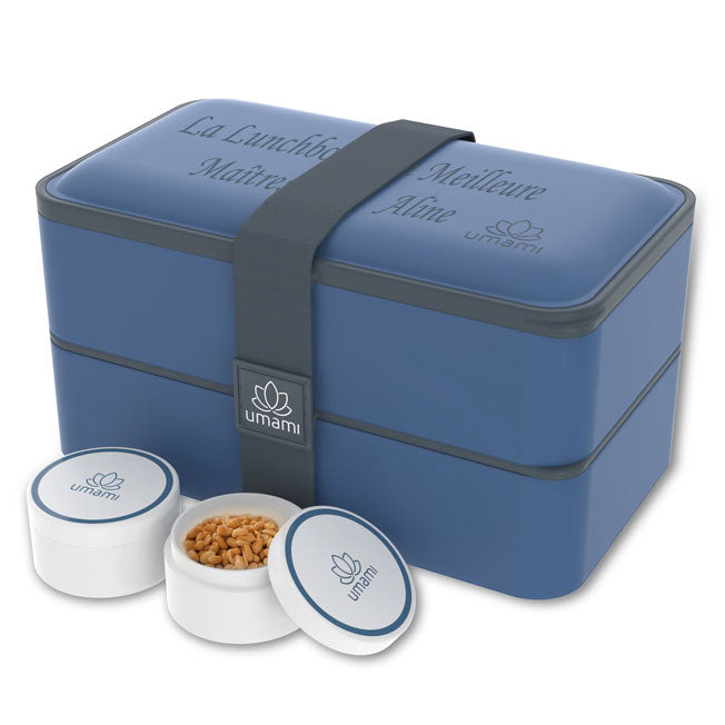 Boîte Bento bleue personnalisée avec couvercle gravé et contenants hermétiques – un cadeau écolo et pratique pour emporter ses repas au quotidien.