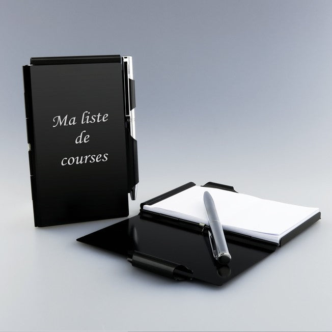 Bloc-notes en métal noir personnalisable avec stylo argent, gravé « Ma liste de courses », idéal pour un cadeau pratique.