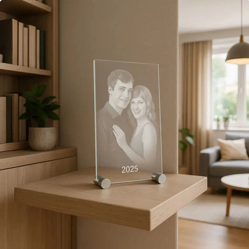 Plaque photo verticale en verre avec gravure 2D d’un couple enlacé, posée sur étagère en bois, avec l’année 2025 gravée au bas.