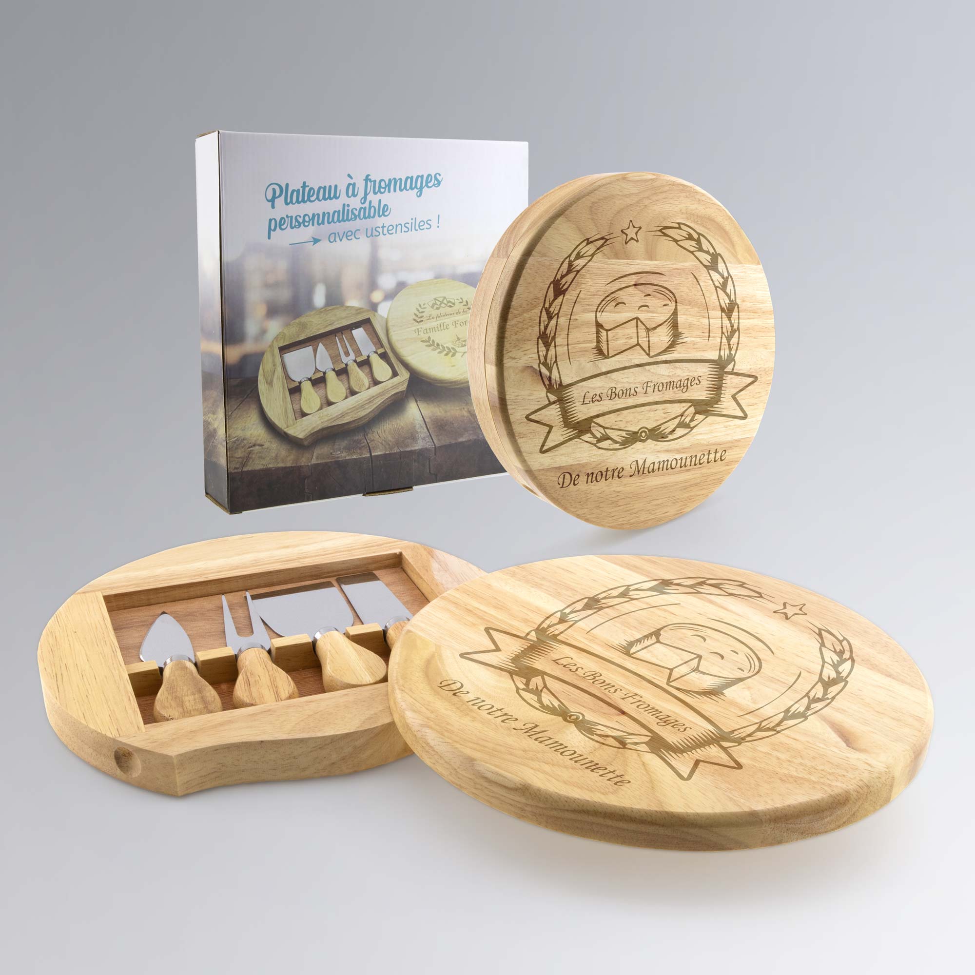 Plateau à fromages en bois avec ustensiles, gravure personnalisée "Les Bons Fromages - De notre Mamounette" et motif de laurier pour un cadeau d’anniversaire unique.