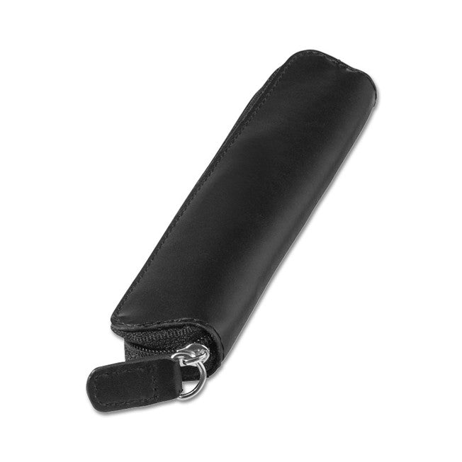 Étui noir zippé en simili cuir, conçu pour transporter vos stylos bille et roller personnalisés en toute élégance et sécurité.