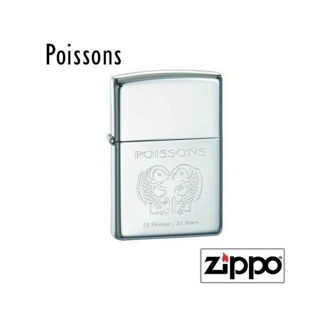 Zippo Poissons à personnaliser, gravé avec le signe astrologique et ses dates. Offrez un cadeau durable et symbolique à un natif de février à mars.