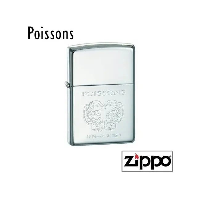 Zippo Poissons à personnaliser, gravé avec le signe astrologique et ses dates. Offrez un cadeau durable et symbolique à un natif de février à mars.