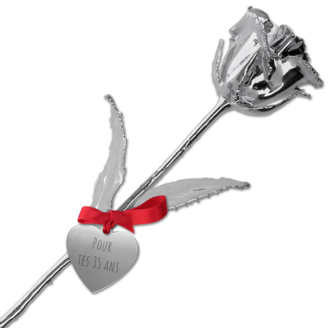 Rose en argent avec texte personnalisé « Pour tes 35 ans », ruban rouge et feuillage argenté. Cadeau symbolique pour anniversaire ou mariage.