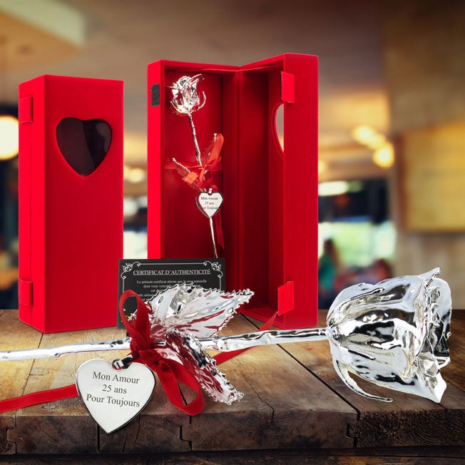 Rose éternelle en argent avec cœur personnalisé "Mon Amour 25 ans pour toujours", livrée dans un coffret rouge luxe avec certificat d'authenticité.