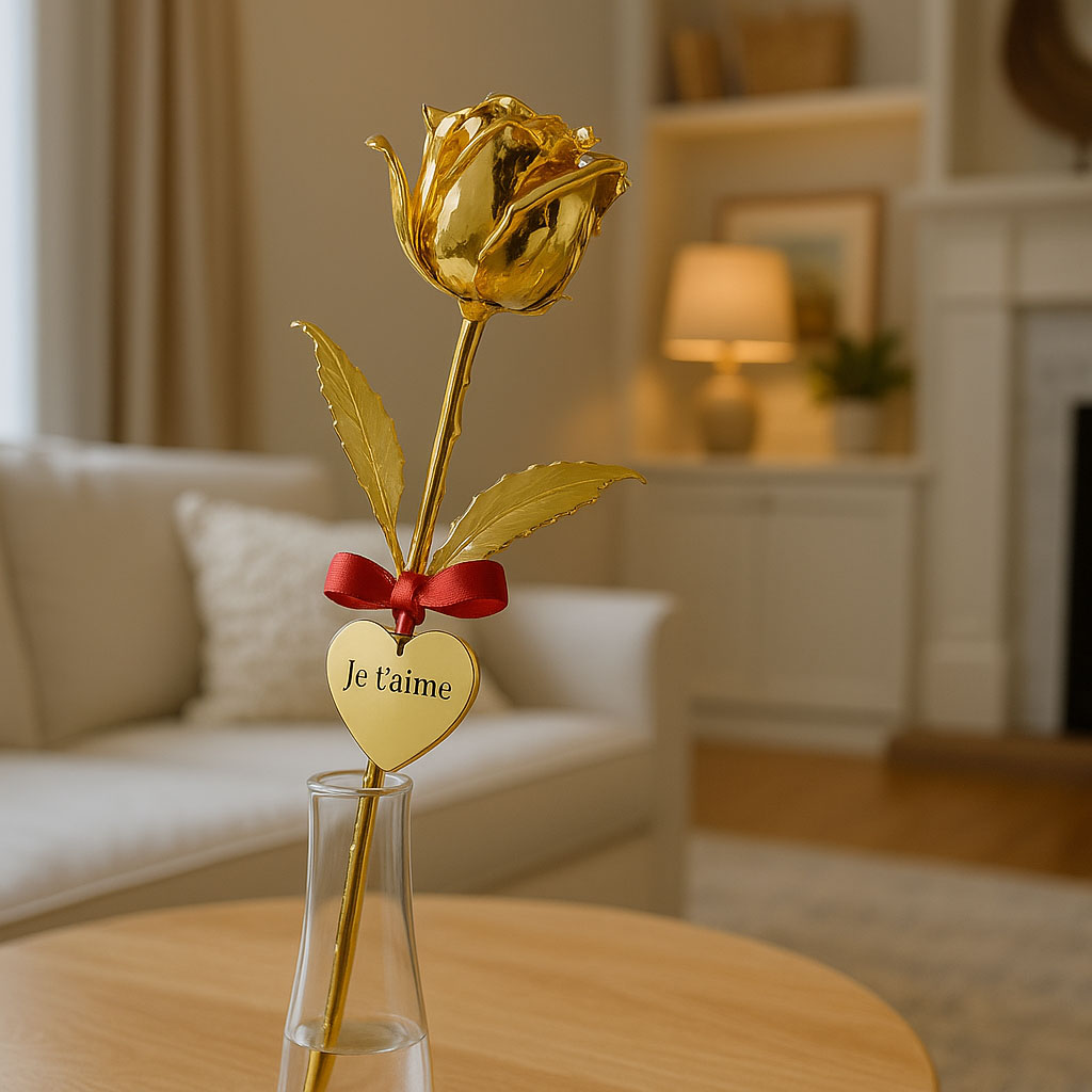 Rose éternelle dorée à l’or 24 carats présentée dans un soliflore en verre, parfaite pour une déclaration d’amour élégante et durable.