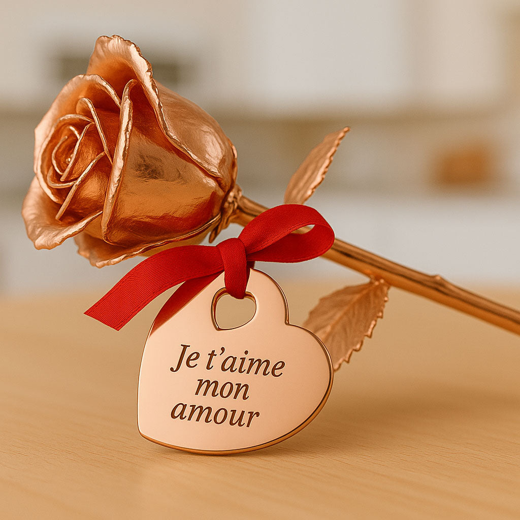 Cadeau personnalisé : rose en or rose 18K dans son écrin de velours, avec texte gravé et certificat. Idéal pour dire Je t’aime avec élégance.