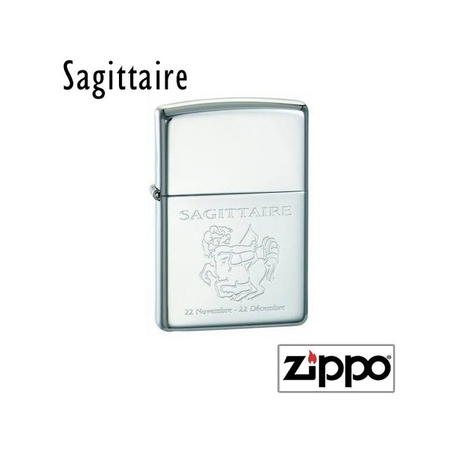 Briquet Zippo gravé au signe Sagittaire, dates incluses. Un cadeau astrologique sur mesure à personnaliser pour les amateurs de l’objet culte Zippo.