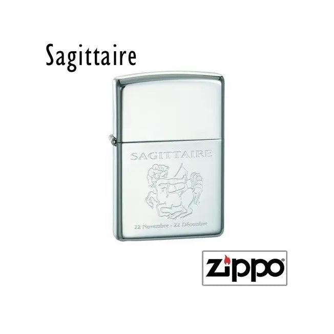 Briquet Zippo gravé au signe Sagittaire, dates incluses. Un cadeau astrologique sur mesure à personnaliser pour les amateurs de l’objet culte Zippo.