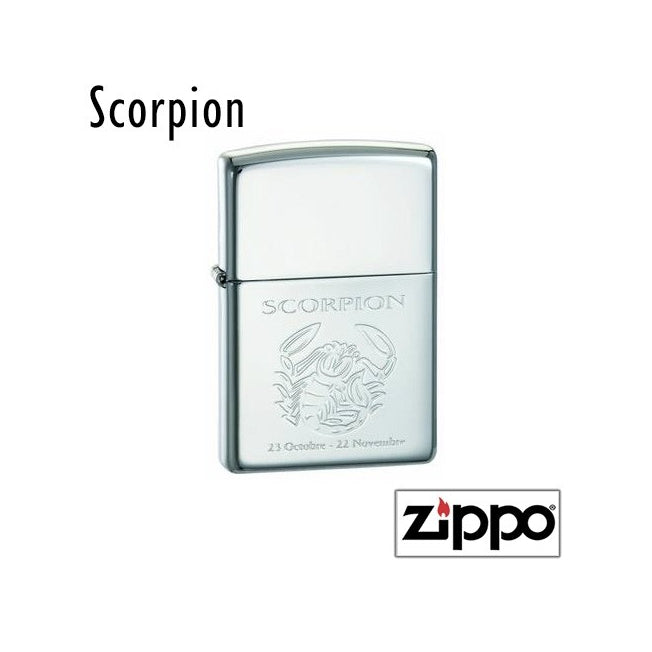 Briquet Zippo chromé gravé du signe astrologique Scorpion, avec les dates 23 octobre - 22 novembre en dessous du motif.