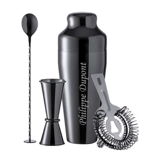 Ensemble shaker, cuillère, doseur et filtre en inox à personnaliser. Gravure laser précise, idée cadeau originale et durable.