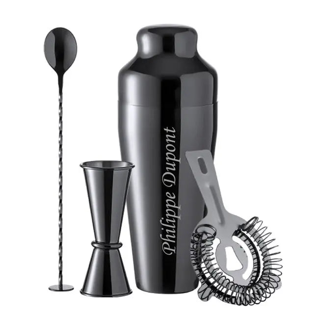 Ensemble shaker, cuillère, doseur et filtre en inox à personnaliser. Gravure laser précise, idée cadeau originale et durable.