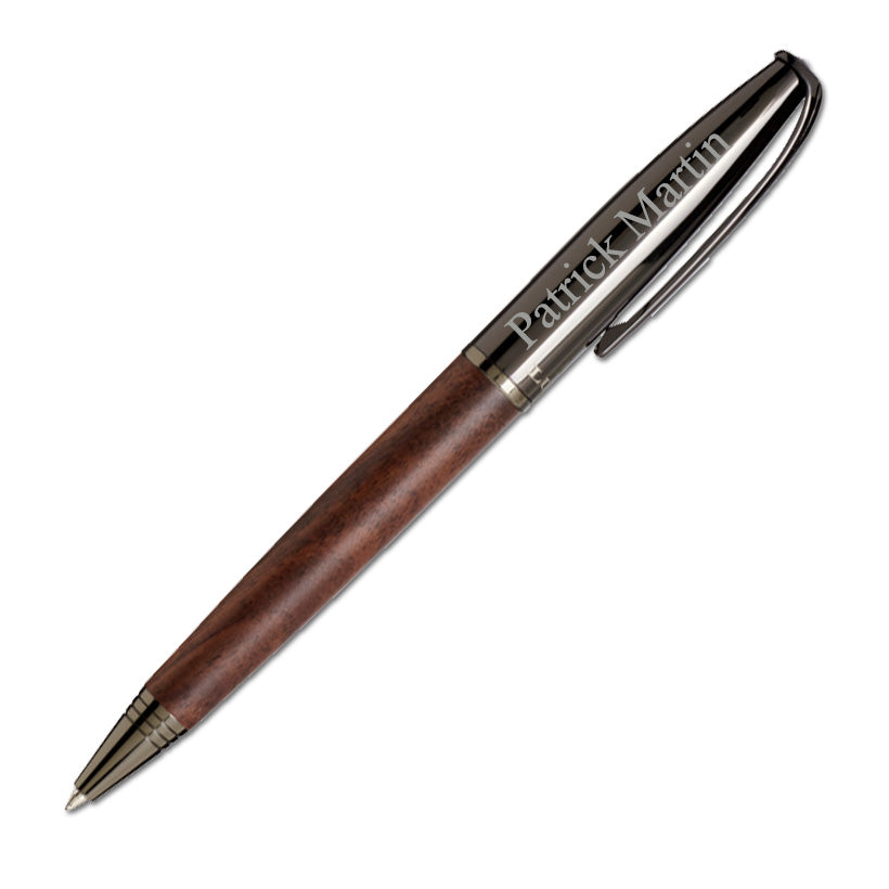 Stylo à bille en bois personnalisable avec gravure du nom, cadeau d’affaires ou objet publicitaire élégant.