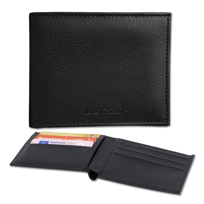 Portefeuille noir en simili cuir avec emplacements pour cartes, inclus dans un coffret cadeau personnalisable avec stylo.