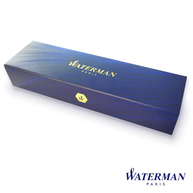 Écrin cadeau Waterman bleu avec logo doré, contenant un stylo à personnaliser – une présentation raffinée pour un cadeau prestigieux.