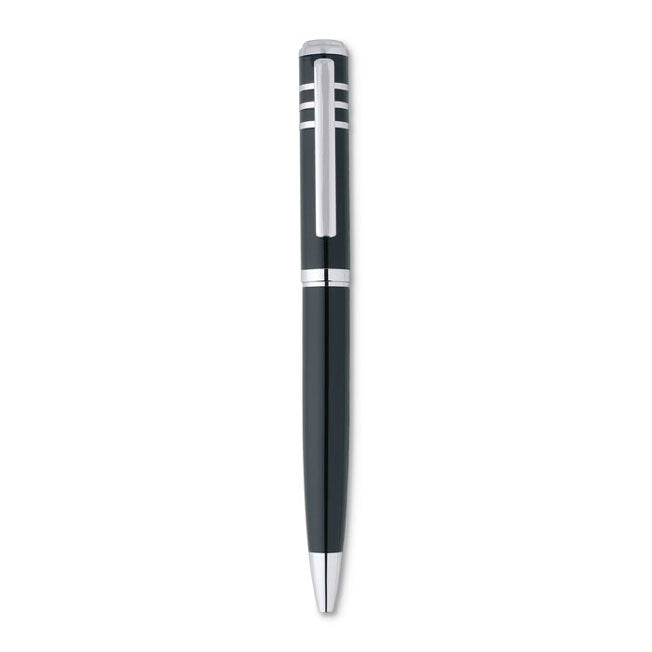Stylo twist en métal noir avec finitions argentées, personnalisable et présenté sans coffret, parfait pour un cadeau élégant.