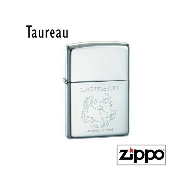Briquet Zippo personnalisable représentant le signe du Taureau, accompagné des dates 20 avril - 21 mai gravées sous l’illustration.