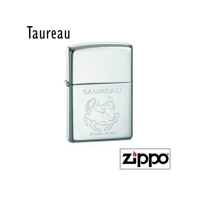 Briquet Zippo personnalisable représentant le signe du Taureau, accompagné des dates 20 avril - 21 mai gravées sous l’illustration.