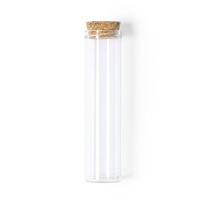 Tube en verre avec bouchon liège, parfait pour vos épices. À intégrer dans un set cadeau personnalisé pour une cuisine élégante et pratique.