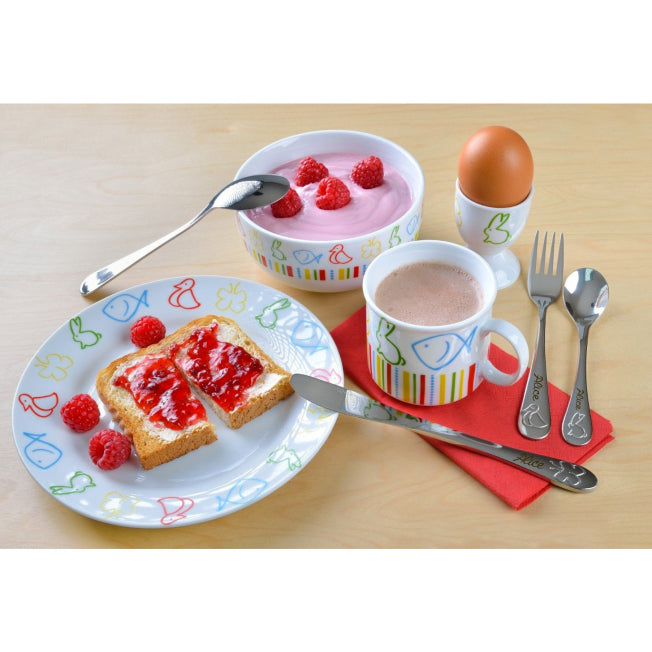 Ensemble vaisselle complet pour enfant avec décor animaux colorés : parfait pour rendre chaque repas amusant et personnalisé.