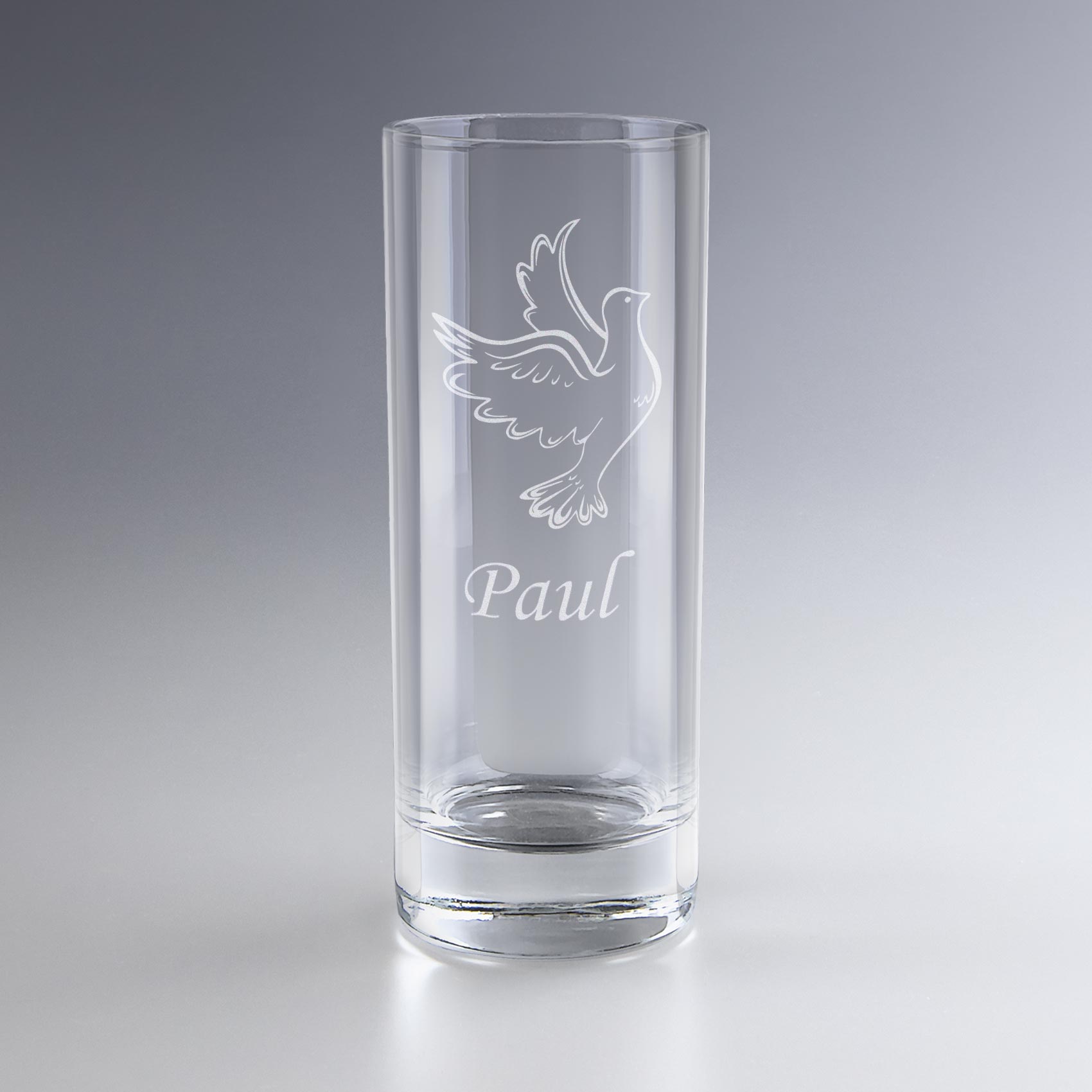 Verre à eau gravé avec une colombe et le prénom Paul, parfait pour une personnalisation symbolique lors d’un événement paisible ou spirituel.