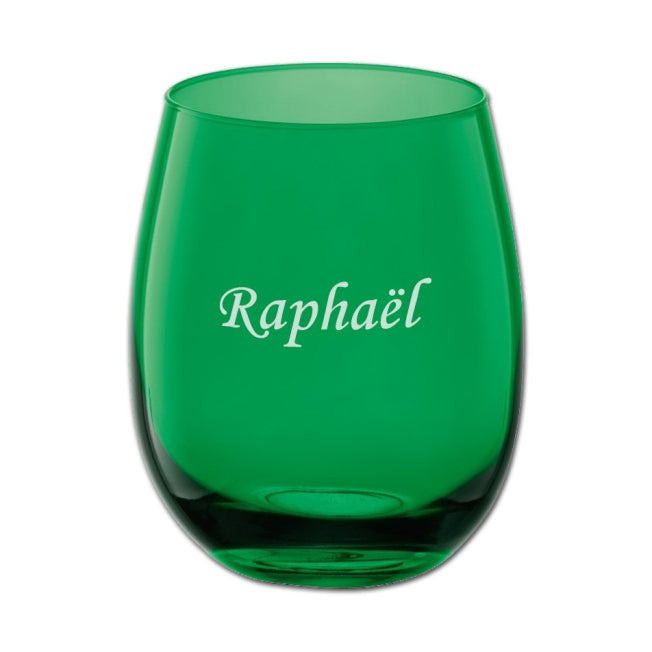 Verre coloré vert sapin personnalisable avec l’inscription « Raphaël », idéal comme cadeau personnalisé original.