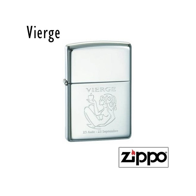 Briquet Zippo personnalisé avec la gravure du signe de la Vierge assise, accompagné des dates 23 août - 23 septembre.