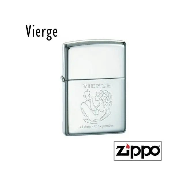 Briquet Zippo personnalisé avec la gravure du signe de la Vierge assise, accompagné des dates 23 août - 23 septembre.