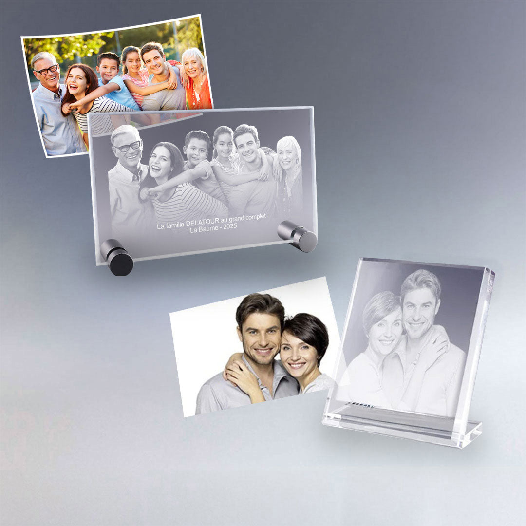 Offrez une plaque photo en verre gravée avec votre image et votre message. Gravure fine, rendu élégant et émotion garantie pour un cadeau personnalisé et durable.
