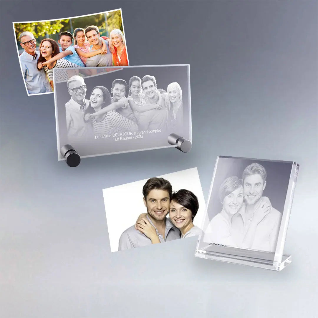 Offrez une plaque photo en verre gravée avec votre image et votre message. Gravure fine, rendu élégant et émotion garantie pour un cadeau personnalisé et durable.