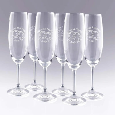 Lot de 6 flûtes à champagne personnalisées avec prénoms, date et alliances entrelacées. Cadeau idéal pour un mariage, un anniversaire ou des noces.