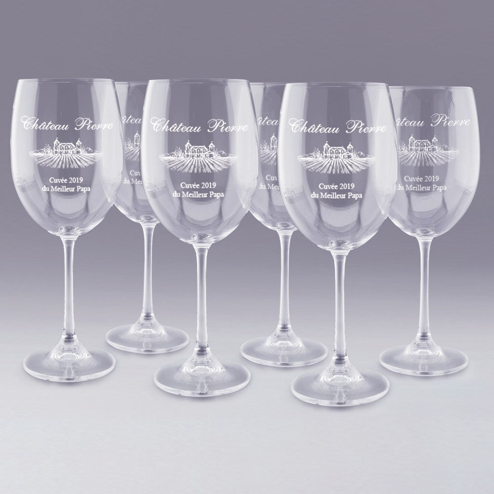 Verres à vin gravés "Château Pierre" avec illustration de vignoble et texte "Cuvée 2019 du Meilleur Papa", parfaits pour les amateurs de vin et les cadeaux fête des pères.