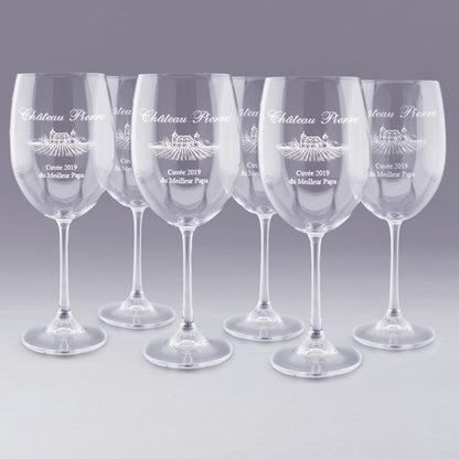 Verres à vin gravés "Château Pierre" avec illustration de vignoble et texte "Cuvée 2019 du Meilleur Papa", parfaits pour les amateurs de vin et les cadeaux fête des pères.