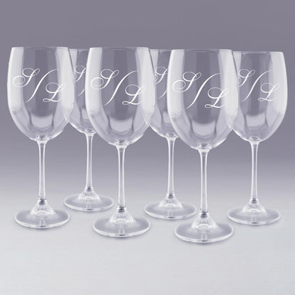 Lot de 6 verres à vin personnalisés avec monogramme gravé, parfait pour un cadeau élégant lors d’un mariage, d’un anniversaire ou d’une réception.