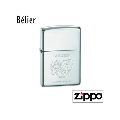 Briquet Zippo en métal brillant décoré du symbole astrologique du Bélier, avec les dates 21 mars - 20 avril gravées.