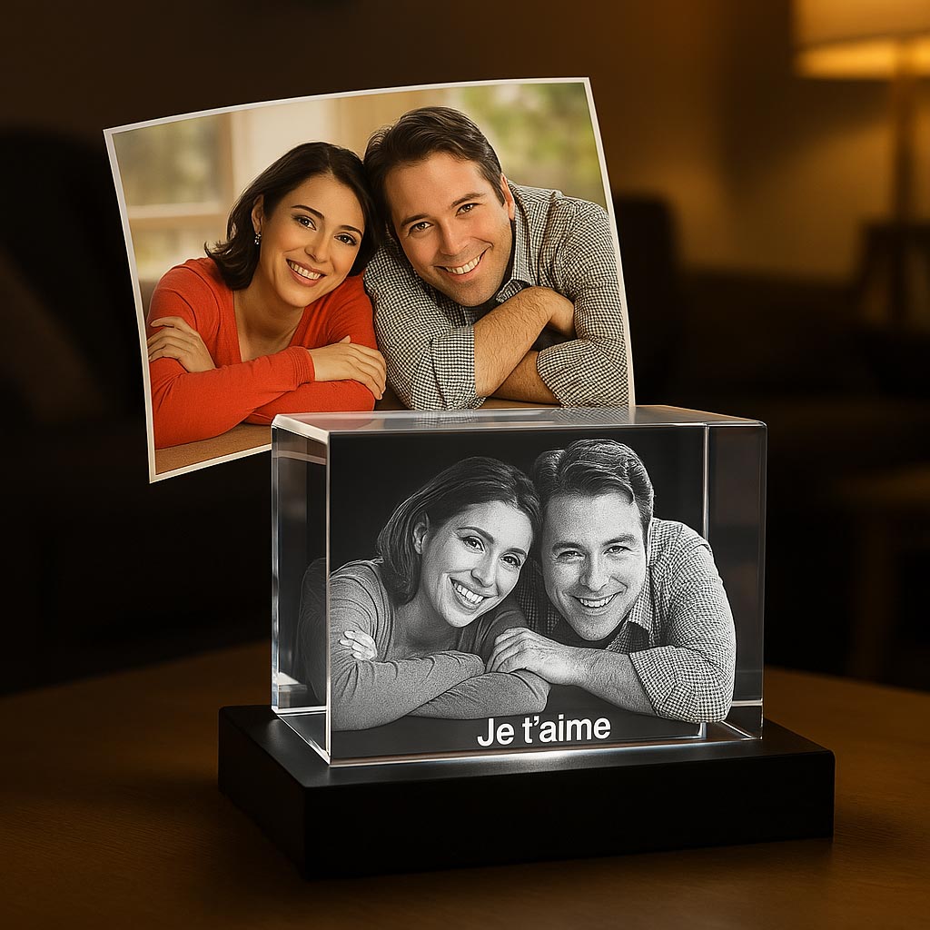 Bloc en verre gravé en 3D avec le même couple amoureux, éclairé depuis un socle lumineux noir, message “Je t’aime”, ambiance douce et intime.