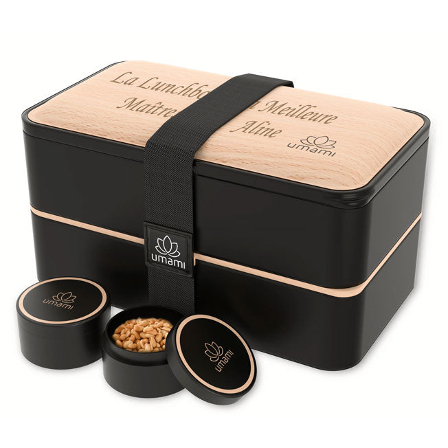 Boîte Bento noire avec couvercle en bois gravé personnalisable, idéale pour un cadeau élégant, pratique et éco-responsable à emporter partout.