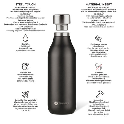 Bouteille isotherme noire en inox double paroi, bouchon acier étanche, incassable, sans BPA, idéale pour boissons chaudes ou froides.