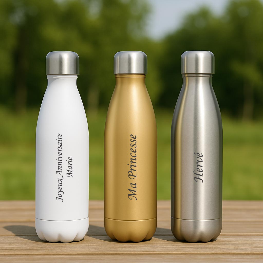 Trois bouteilles isothermes personnalisées alignées sur une table en bois : blanche "Marie", dorée "Ma Princesse" et argentée "Hervé", en plein air.