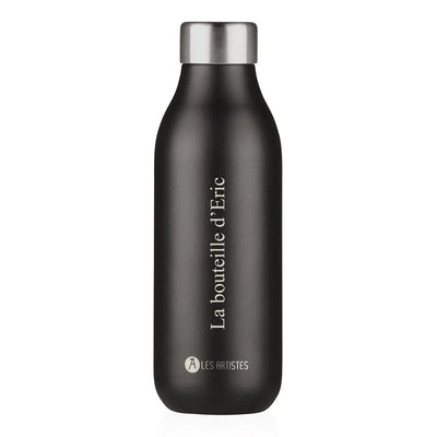 Bouteille isotherme noire 500 ml personnalisée avec gravure, en acier inoxydable, idéale pour garder boissons chaudes ou froides.
