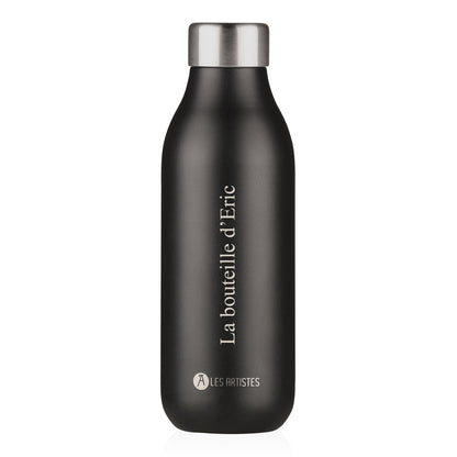Bouteille isotherme noire 500 ml personnalisée avec gravure, en acier inoxydable, idéale pour garder boissons chaudes ou froides.