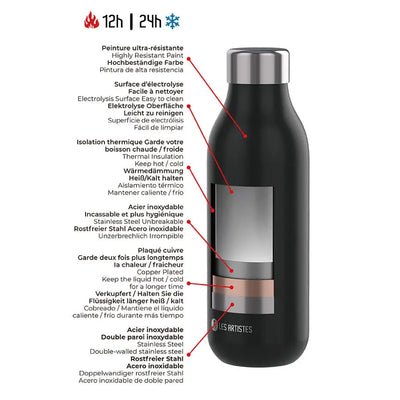 Bouteille isotherme noire personnalisable en inox double paroi, plaquée cuivre, ultra-résistante, garde les boissons chaudes 12h et froides 24h.