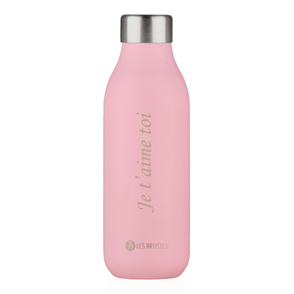 Bouteille isotherme rose 500 ml personnalisée avec gravure, en acier inoxydable, idéale pour conserver boissons chaudes ou froides.