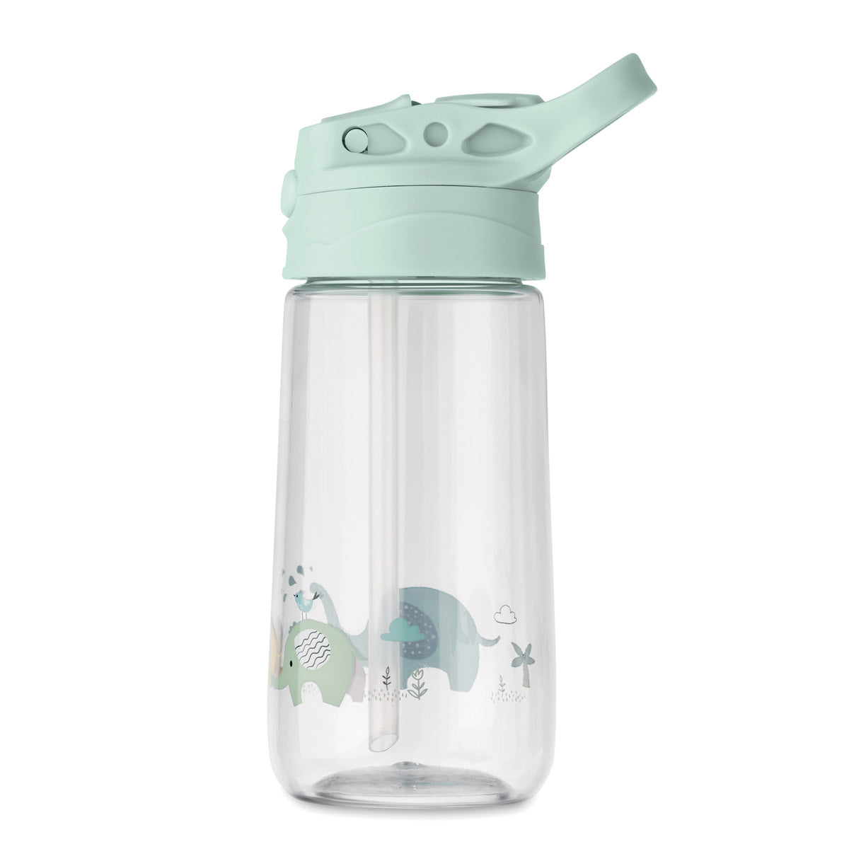 Bouteille en Tritan pour enfant décorée d’éléphants pastel et couvercle vert menthe, légère, solide et facile à transporter.