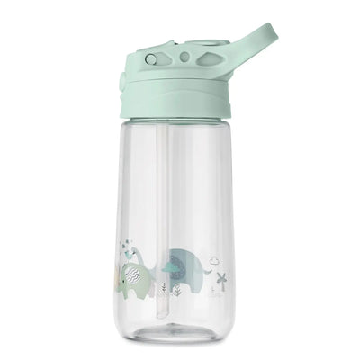 Bouteille en Tritan pour enfant décorée d’éléphants pastel et couvercle vert menthe, légère, solide et facile à transporter.