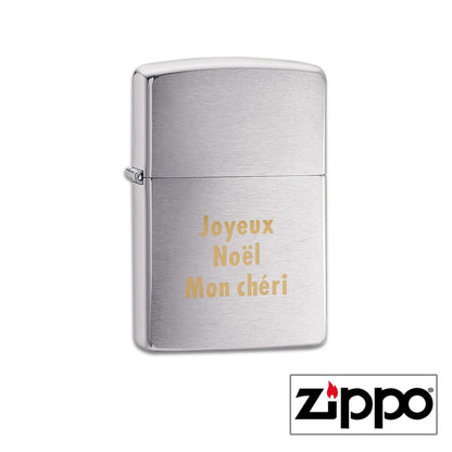 Briquet Zippo Regular satiné à personnaliser avec votre message gravé, parfait pour un cadeau unique et original.